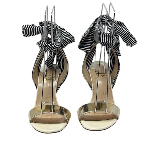 Christian Louboutin Du Desert 100mm Ankle Wrap Sandals Gold Striped Size 37.5 - Picture 2 of 9